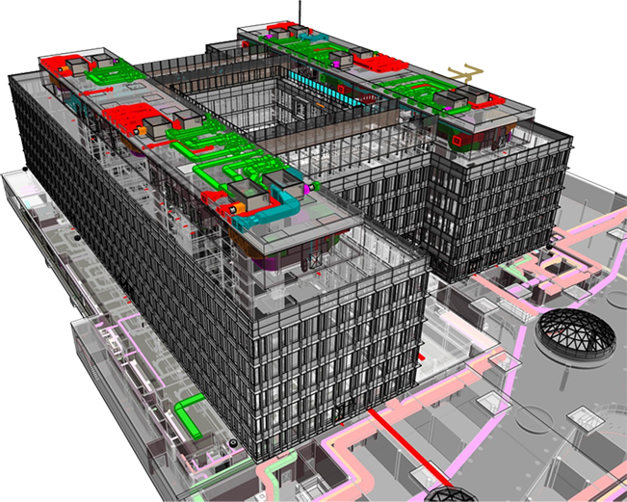 Model stavby i profesí TZB, administrativní komplex Comcity BIM model administrativního komplexu Comcity s rozvody TZB na střechách a v podzemních podlažích