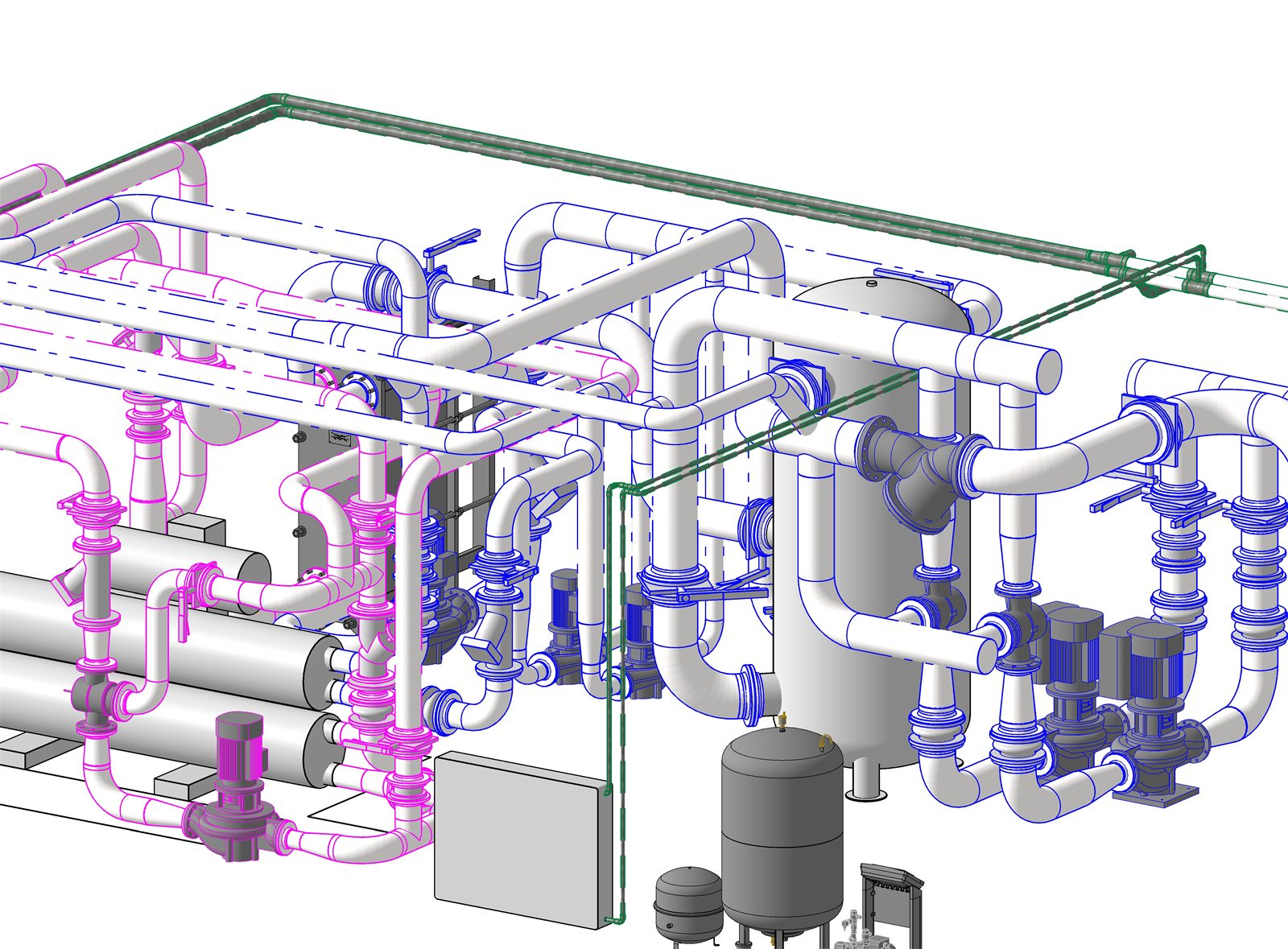 Technologie, model TZB v Revit MEP BIM model strojovny chlazení s potrubím a zařízením technických systémů budovy