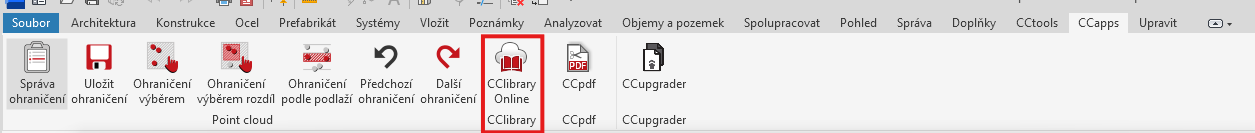 Karta CCapps v Revitu Pás karet Autodesk Revit s kartou CCapps a tlačítkem CClibrary Online