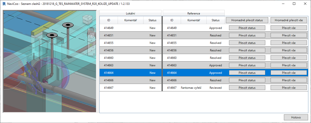 NaviCoo, převzetí statusu kolize z reference z Navisworks