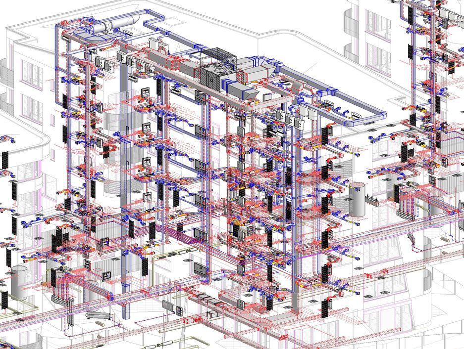 BIM model VZT a vytápění bytových domů Radlice, projekt LI-VI Praha.