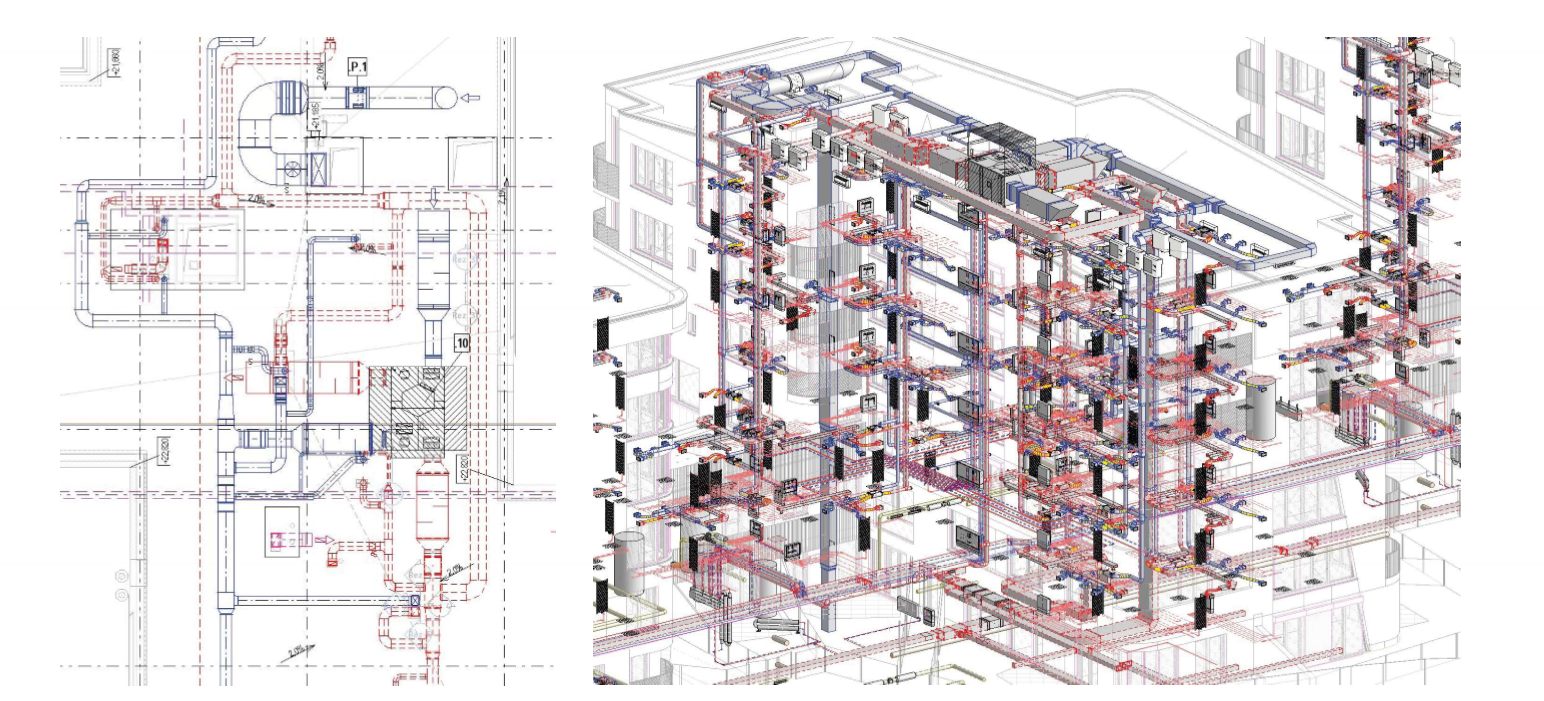 Půdorys a 3D BIM model vzduchotechniky a vytápění bytových domů Radlice v Autodesk Revitu