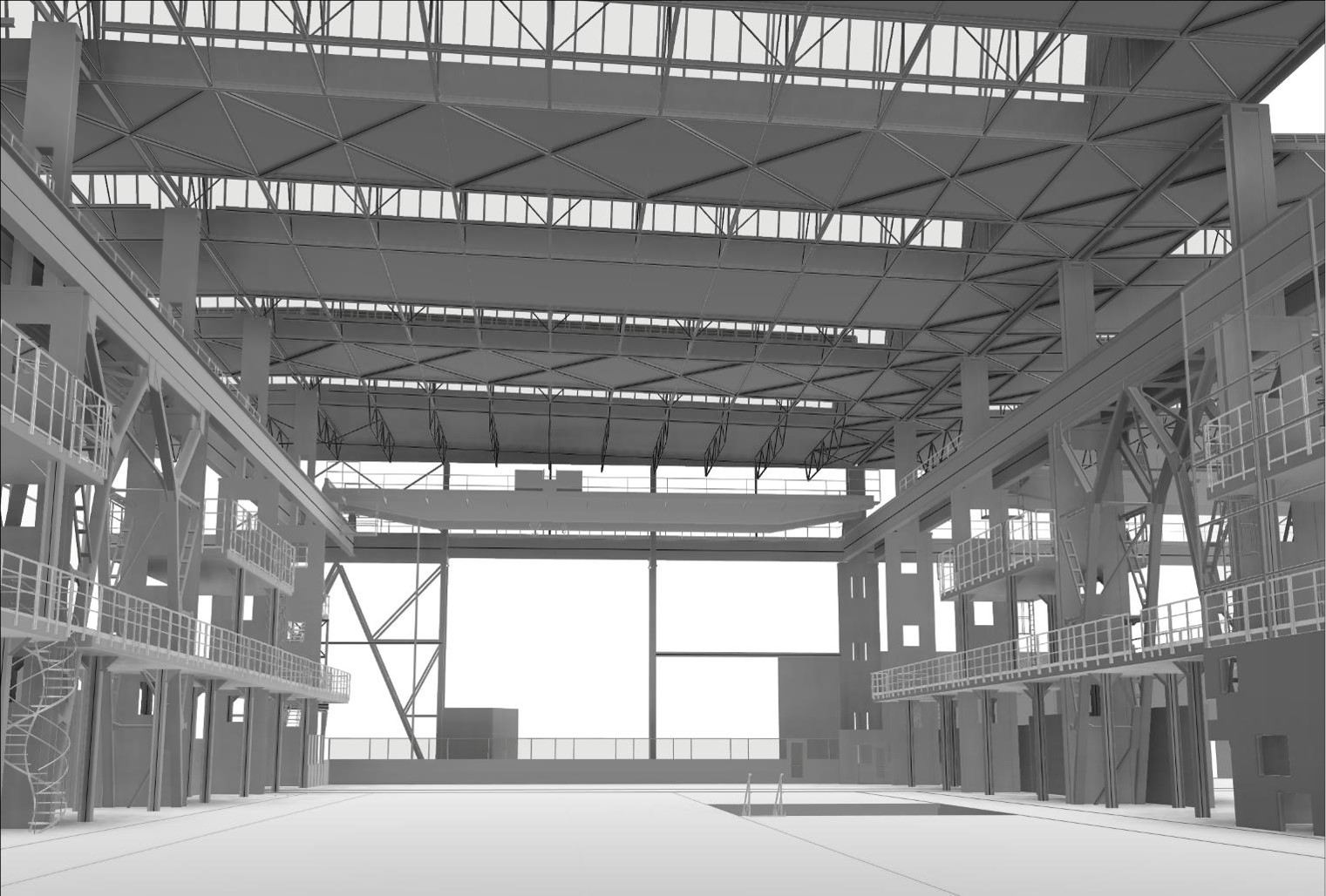 Pasportizace výrobní haly Škoda Auto Interiér BIM modelu výrobní haly Škoda Auto s ocelovou konstrukcí, model skutečného stavu