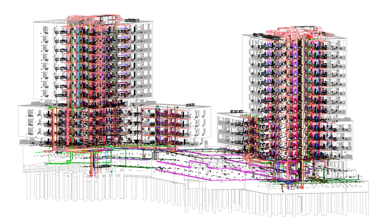 Spolupráce na CDE, federovaný model profesí Federovaný 3D model dvou výškových budov s rozvody TZB, sdílený na CDE