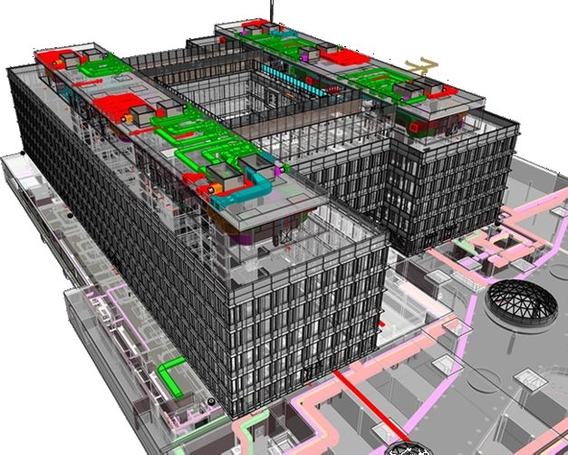 Informační model stavby pro realizaci i správu budovy BIM model administrativní budovy s koordinovanými rozvody profesí a napojením na okolí