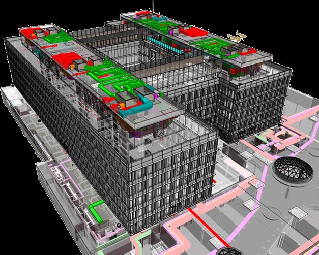 BIM management BIM model administrativní budovy s koordinovanými profesemi a okolím