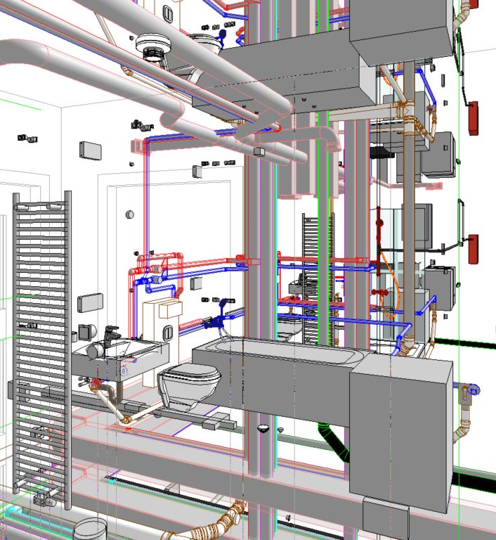 Modelace BIM, model rozvodů TZB Podrobný BIM model rozvodů technických zařízení v koupelně